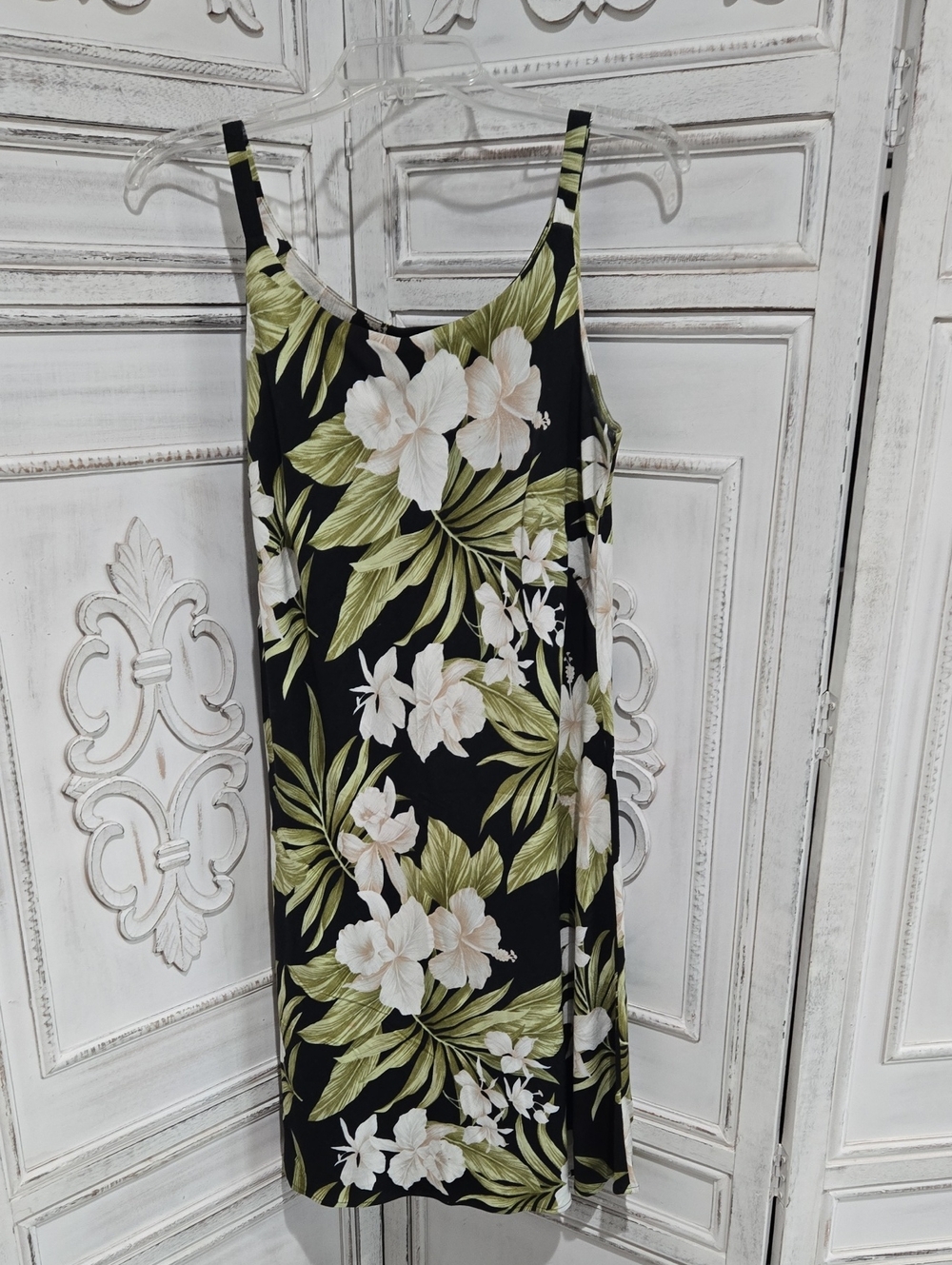 IOLANI Hawaii Black Floral Slip Dress with Green Leaves